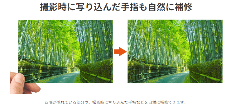 https://www.sourcenext.com/product/0000014670　より引用　「撮影時に写り込んだ手指も自然に補修」