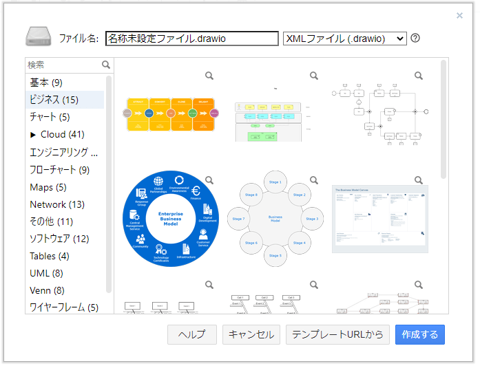 draw.ioのテンプレート選択のビジネスカテゴリ一覧