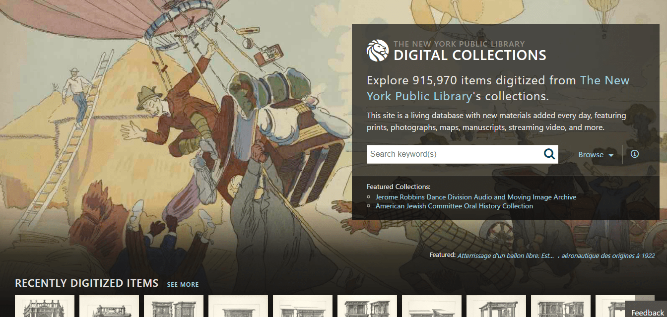 ニューヨーク公共図書館（The New York Public Library）が運営するデジタル資料サイトのトップページを引用した画像。
