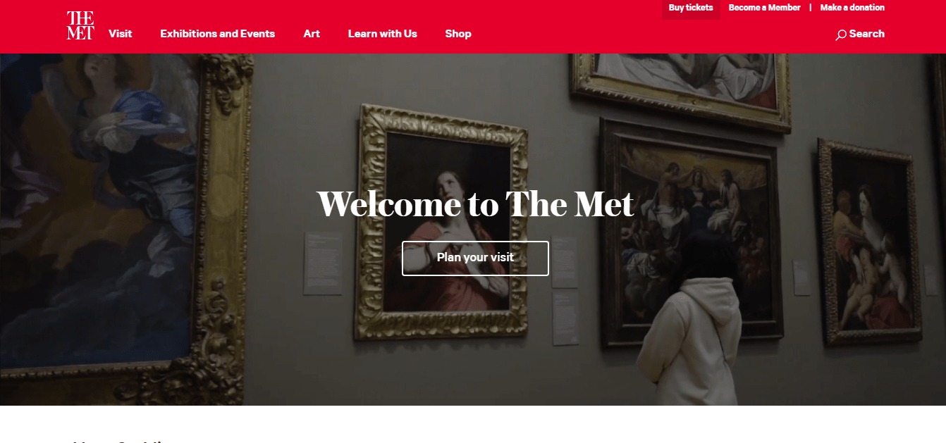 絵画作品などの画像が無料でダウンロードできる「メトロポリタン美術館」のサイトのトップページを示す画像。