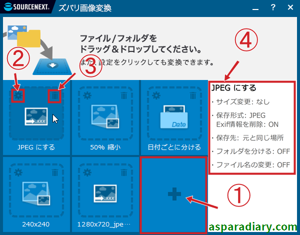 ズバリ画像変換というソフトについて、矢印①は設定メニューの中に新規設定内容を登録するための＋ボタン 矢印②はすでに設定済みの内容を編集するための歯車ボタン 矢印③はすでに設定済みの内容を削除するためのごみ箱ボタン 矢印④は設定した内容について大まかな内容を表示してくれるエリア