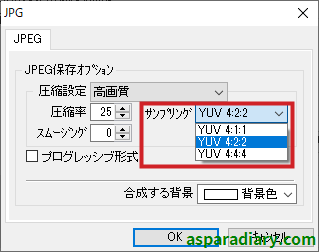 ズバリ画像変換について「ファイル形式の変換」という項目でJPEG詳細設定画面において、サンプリングについての項目一覧