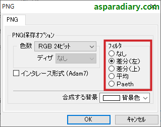 ズバリ画像変換のPNGファイル形式変換詳細設定のフィルタについての項目一覧を示す画像