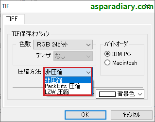 ズバリ画像変換のTIFFファイル形式変換詳細設定の「圧縮方法」についての項目一覧を示す画像